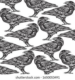 Seamless blackbird crow illustration  background pattern in vector.Raven bird. Hand drawn illustration.Tattoo.Doodle. Zentangle.Vector abstraction birds.Crows.