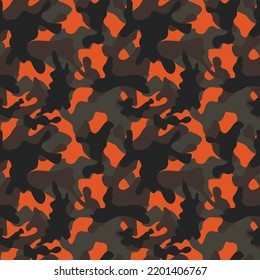 
Nahtlose schwarz-orangefarbene Vektorgrafik-Tarnung, moderner Trenddruck.