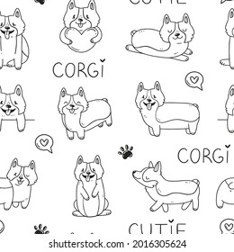 Seamless black-white background with cute corgi dogs and lettering in cartoon doodle style. Vector illustration background.