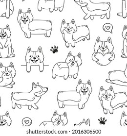 Seamless black-white background with cute corgi dogs, paws and hearts in cartoon doodle style. Vector illustration background.