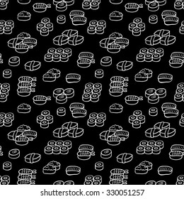 Seamless black-white background with different sushi, vector illustration