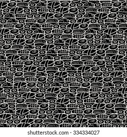 Seamless black-white background with different sushi, vector illustration