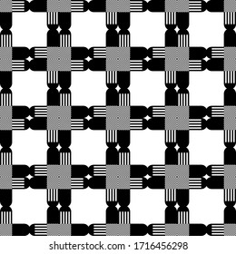 Seamless black-white background with geometric minimalistic shapes. Objects with different textures. Simple design. Can be used for social media, posters, email, print, ads designs.