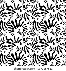 Seamless black-white floral background, botanical motif, decorative leaves.