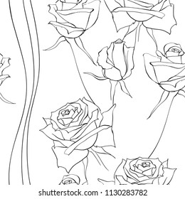 Seamless black-white floral pattern with roses and wavy vertical lines. Vector illustration on a white background. 