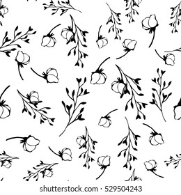 Seamless black&white ink pattern with natural floral motifs. Perfect for wrapping paper, wallpaper, repeating elements, vintage design, notebook cover.