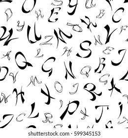 Seamless black&white pattern with letters stylized asian calligraphy. Vector