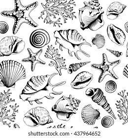 Seamless black-white pattern with seashells, corals and starfishes. Hand drawn vector illustration in sketch style. Perfect for greetings, invitations, coloring books, textile, wedding and web design.