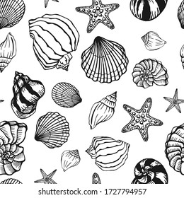 Seamless black-white pattern with seashells and starfishes. Marine background.  Hand drawn vector illustration in sketch style. Perfect for greetings, invitations, coloring books, textile