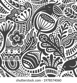 Seamless black-white pattern with silhouettes of fantastic animals and plants. Vector print in African style.