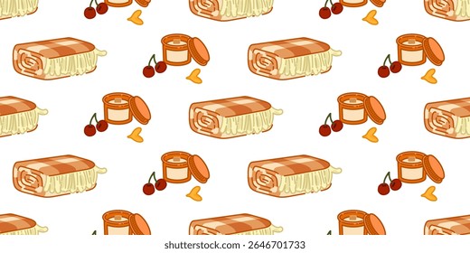Seamless Blanket Candle Cherry Pattern. Plaid blankets, candles and cherries in a seamless cartoon flat style. Warm cozy colors, isolated on white background.