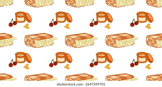 Seamless Blanket Candle Pattern. Seamless pattern with cozy blankets, candles, cherries and leaves in flat cartoon style. Warm autumn design on white background.