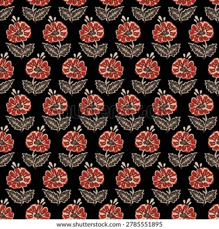 Seamless block print floral pattern with traditional poppy flower motifs on a black background