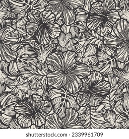 SEAMLESS BLOCK PRINT HAWAIIAN FLORAL FLOWER HIBISCUS PALM LEAF TREE JUNGLE RAINFOREST BEACH RESORT VINTAGE ARTISTIC TEXTILE FABRIC PATTERN SWATCH	