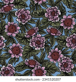 SEAMLESS BLOCK PRINT HAWAIIAN FLORAL FLOWER HIBISCUS PALM LEAF TREE JUNGLE RAINFOREST BEACH RESORT VINTAGE ARTISTIC TEXTILE FABRIC PATTERN SWATCH