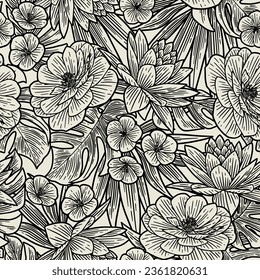 SEAMLESS BLOCK PRINT HAWAIIAN FLORAL FLOWER HIBISCUS PALM LEAF TREE JUNGLE RAINFOREST BEACH RESORT VINTAGE ARTISTIC TEXTILE FABRIC PATTERN SWATCH