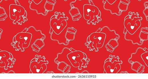 seamless blood donation awareness pattern white outline hearts and blood bags on red background medical illustration