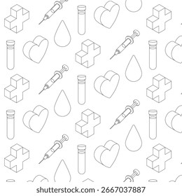 Seamless Blood Lineart Pattern — Drop, Syringe, Heart, Cross, Vial