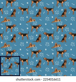 Seamless Bloodhound dog blue and beige pattern, holiday texture. Square format, poster, packaging, textile, socks, textile, fabric, decoration, wrapping paper. Hand-drawn Bloodhound mascots.