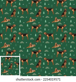 Seamless Bloodhound dog pattern, holiday texture. Square format, t-shirt, poster, packaging, textile, textile, fabric, decoration, wrapping paper. Trendy hand-drawn dogs wallpaper.