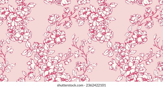  Seamless bloom flowers pattern. Vector hand drawn shadow flowers. Floral tapestry background.  Template for design, textile, surface design, paper, cover, fabric, interior decor, fabric, wallpaper