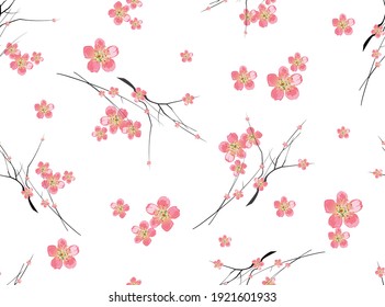 Seamless bloom sakkura pattern background. Vector drawing for design of wallpapers, fabric, packaging, decorative print, textile, other. 