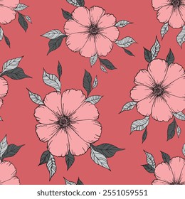 Nahtloses blühendes Blumenmuster auf der Grundlage handgezeichneter Kunstschmuck. Bunte Blumen auf buntem Hintergrund. Vektorgrafik. Einfaches minimalistisches Muster für Stoff, Textil.