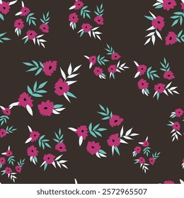 Seamless blooming floral pattern based on hand drawn art ornaments. Colorful flowers on color background. Vector illustration. Simple minimalistic pattern for fabric, textile.