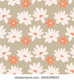Seamless blooming floral pattern based on hand drawn art ornaments. Colorful flowers on color background. Vector illustration. Simple minimalistic pattern for fabric, textile.