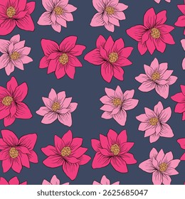 Patrón floral floreciente sin fisuras basado en adornos de arte dibujados a mano. Flores coloridas, hojas, plantas sobre fondo de color. Ilustración vectorial. Patrón minimalista simple para tela, textil.