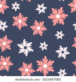 Seamless blooming floral pattern based on hand drawn art ornaments. Colorful flowers, leaves, plants on color background. Vector illustration. Simple minimalistic pattern for fabric, textile.