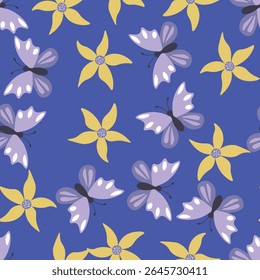 Padrão floral contínuo florescendo baseado em ornamentos de arte desenhados à mão. Flores coloridas, folhas, plantas sobre fundo de cor. Ilustração vetorial. Padrão minimalista simples para tecido, têxtil.