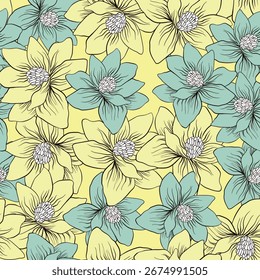 Patrón floral floreciente sin fisuras basado en adornos de arte dibujados a mano. Flores coloridas, hojas, plantas sobre fondo de color. Ilustración vectorial. Patrón minimalista simple para tela, textil.