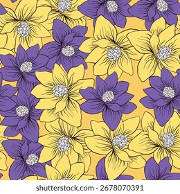 Nahtloses blühendes Blumenmuster auf der Grundlage handgezeichneter Kunstschmuck. Bunte Blumen, Blätter, Pflanzen auf buntem Hintergrund. Vektorgrafik. Einfaches minimalistisches Muster für Stoff, Textil.