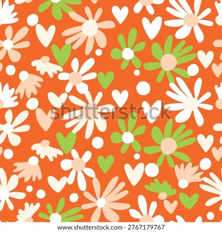 Seamless blooming floral pattern based on hand drawn art ornaments. Colorful flowers, leaves, plants on color background. Vector illustration. Simple minimalistic pattern for fabric, textile.