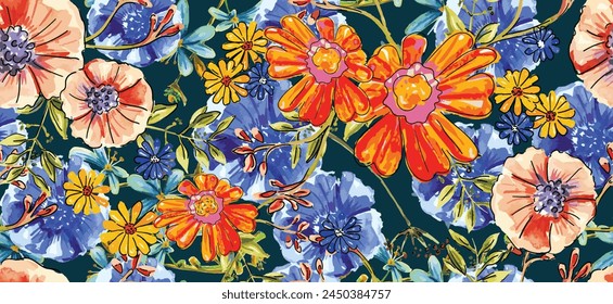 Seamless blooming flower with leaves watercolor pattern background illustration. vector design for fashion, flower fabric, flora pattern, flower wallpaper and all prints on background earth tone color