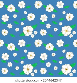 Floração sem costura flor Jasmine flor e folhas verdes padrão pastel azul primavera papel de parede e vetor fundo