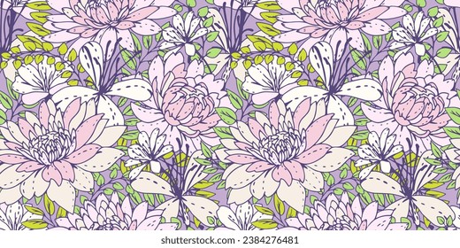 Seamless blooming meadow cute flowers with branches leaves pattern. Vector hand drawn sketch. The trendy monotone pastel purple floral print. Template for design, fashion, fabric, wallpaper,