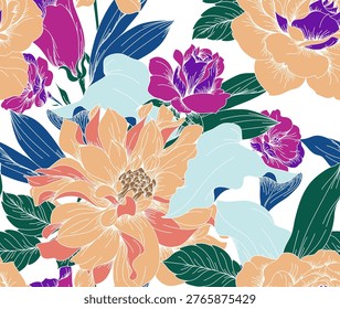 Seamless blooming pattern. Line floral pattern.