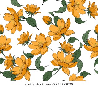 Seamless blooming pattern. Line floral pattern.