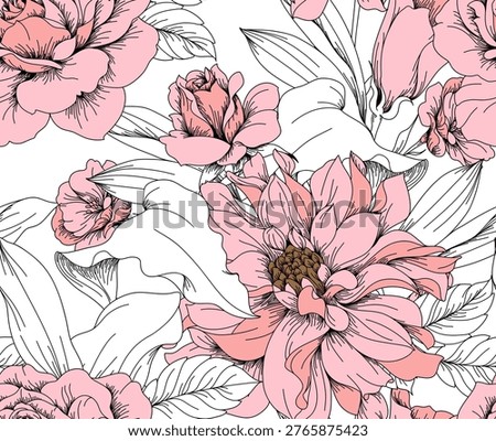 Seamless blooming pattern. Line floral pattern.