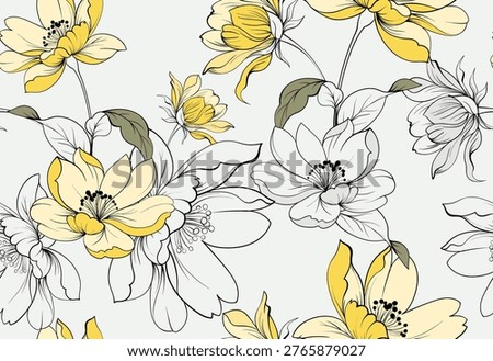 Seamless blooming pattern. Line floral pattern.