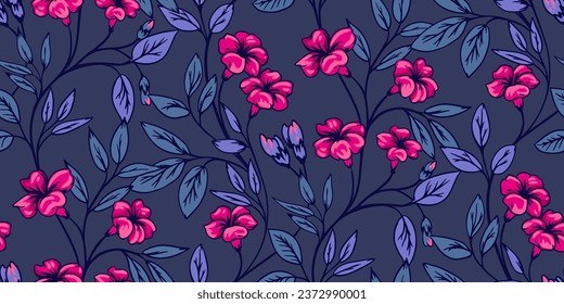 Seamless  blooming wild meadow flowers pattern. Vector hand drawn artistic colorful abstract branches and leaves, buds. Template for design, fabric, fashion, textile, wallpaper, cover.