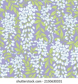 Seamless blooming wisteria vine floral pattern. 