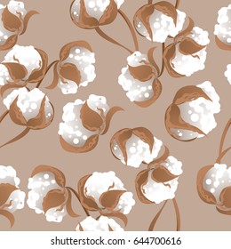 Seamless blossom cotton flowers pattern on beige background