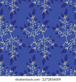 Seamless blossom pattern with green leaves. Summer hand drawn textile print design. Cute spring garden nature elements. Perfect for textile and fashion. Isolated on blue background 