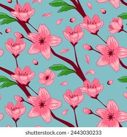 Seamless Blossoms Sky Blue Background