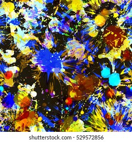 Seamless blots texture. Color vector spots. Like traditional style. Watercolor effect. Paint colorful stains. Art background texture. Blue, yellow, black, brown