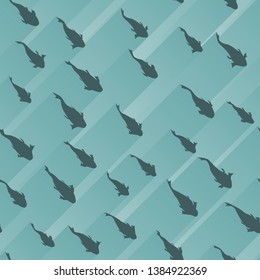 Seamless blue abstract background of school of fish with stripes of light behind (view from above).