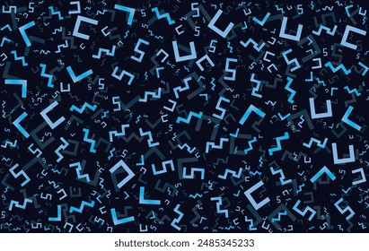 Seamless blue abstract geometric pattern on black background. Complex alphabet design. Back to school theme